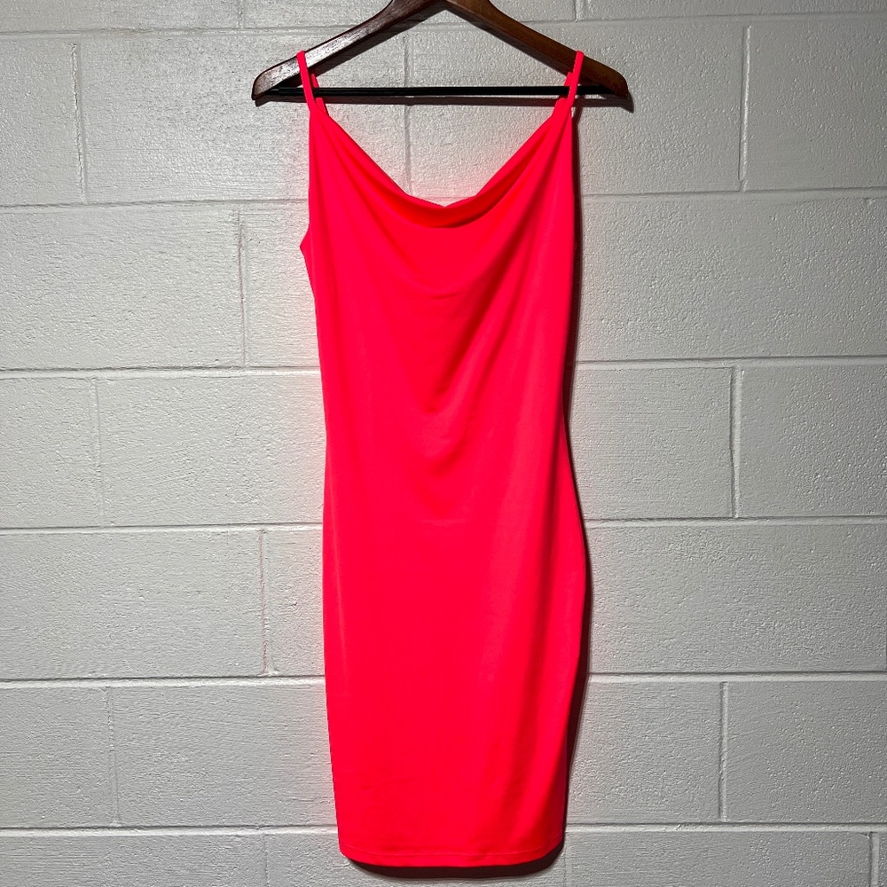 OLIA Body Con Midi Dress with Cowl Neck Hot Neon Pink Medium made in USA